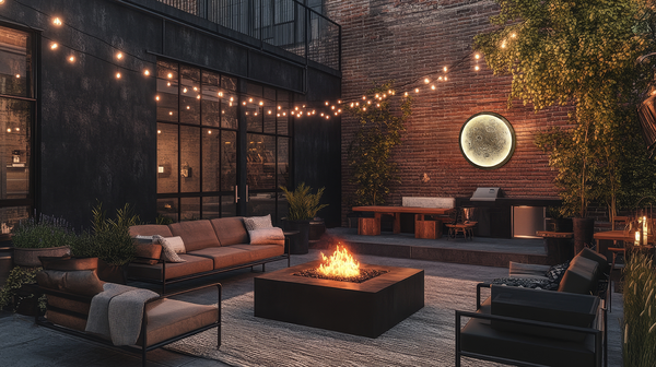 Outdoor patio with fire pit, seating area, and super moon light in a modern setting.