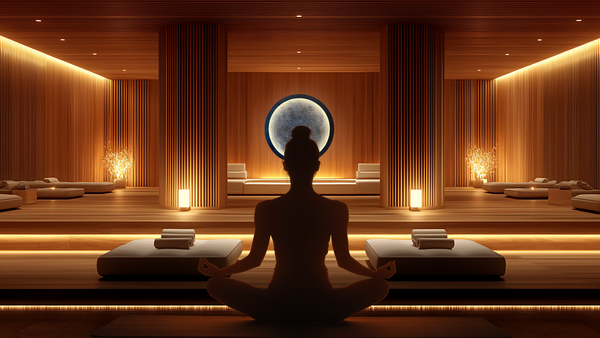 Person meditating in a serene, dimly lit room with wooden walls and moon light.